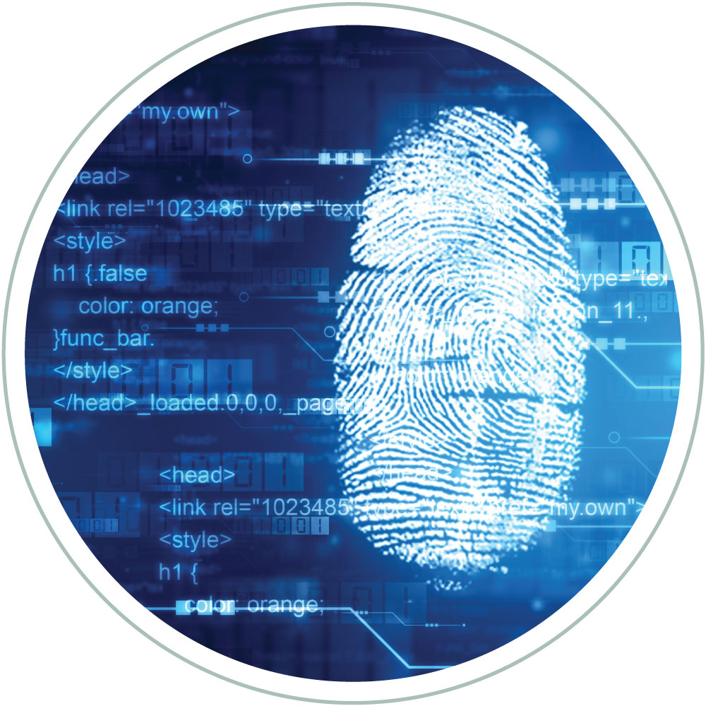 a fingerprint with html forensic styled blue blackground